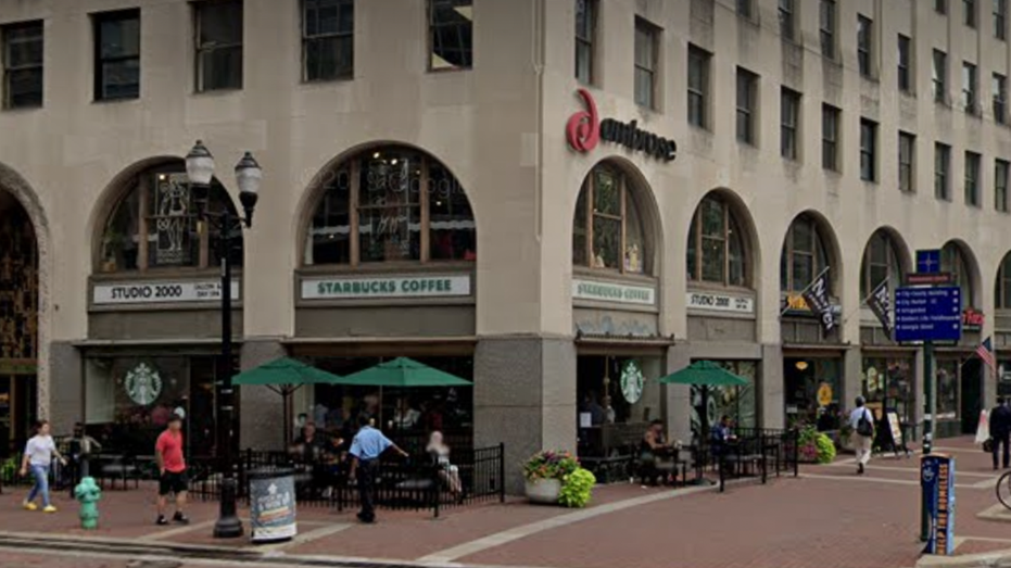 Screen shot shows exterior view of Starbucks location in Indianapolis that is closing