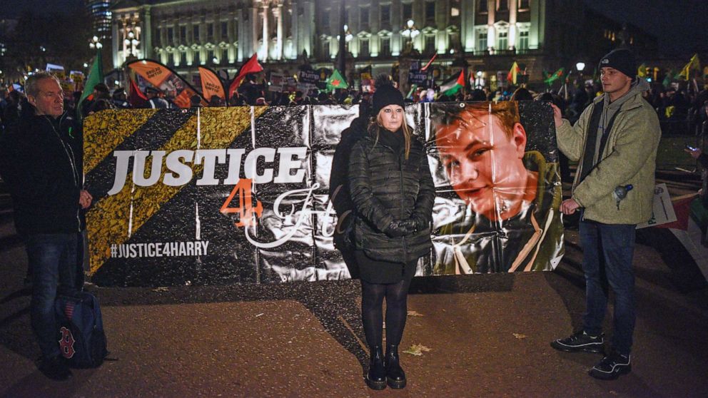 PHOTO: Charlotte Charles, Mother of Harry Dunn joins a protest as NATO Leaders attend a reception at Buckingham Palace on Dec. 3 2019 in London. Harry Dunn died after being hit by a car reportedly driven by Anne Sacoolas, the wife of a U.S. Diplomat.