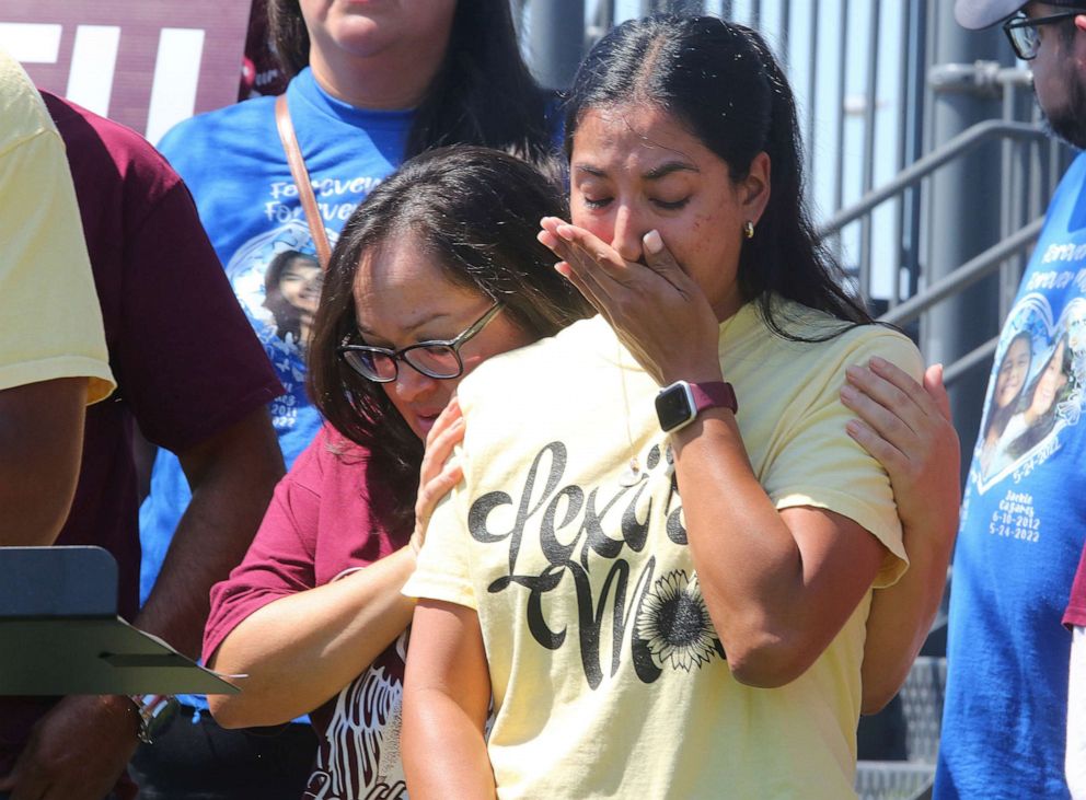 PHOTO: Kimberly Rubio, mother of Robb Elementary slain student Alexandria Aniyah Rubio, is comforted after speaking as Texas gubernatorial candidate Beto O'Rourke holds a press conference, Sept. 30, 2022, in Edinburg, Texas.