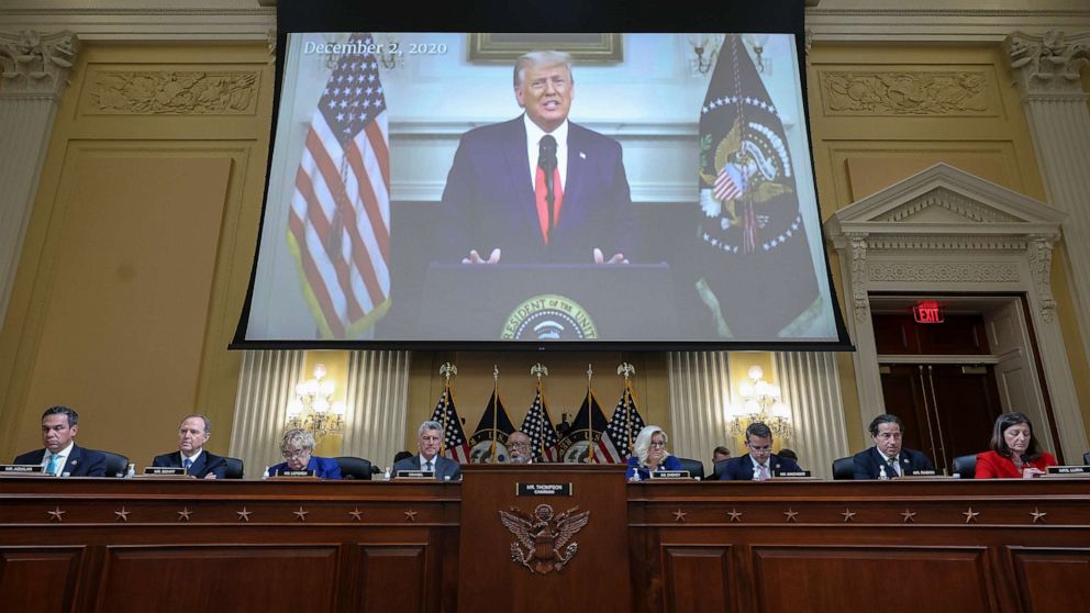 PHOTO: A video of former President Donald Trump is played during a hearing by the House Select Committee to Investigate the January 6th Attack on the U.S. Capitol, Oct. 13, 2022, in Washington, DC.