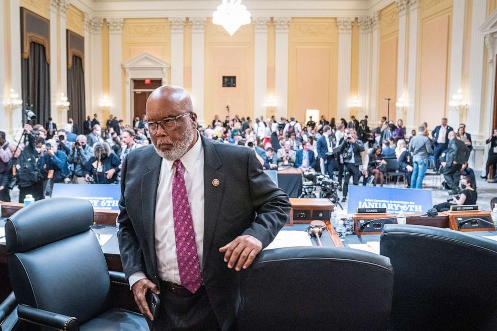 PHOTO: Rep. Bennie Thompson, Chair of the House Select Committee to Investigate the January 6th Attack on the U.S. Capitol, departs during a break in a hearing, Oct. 13, 2022, in Washington.