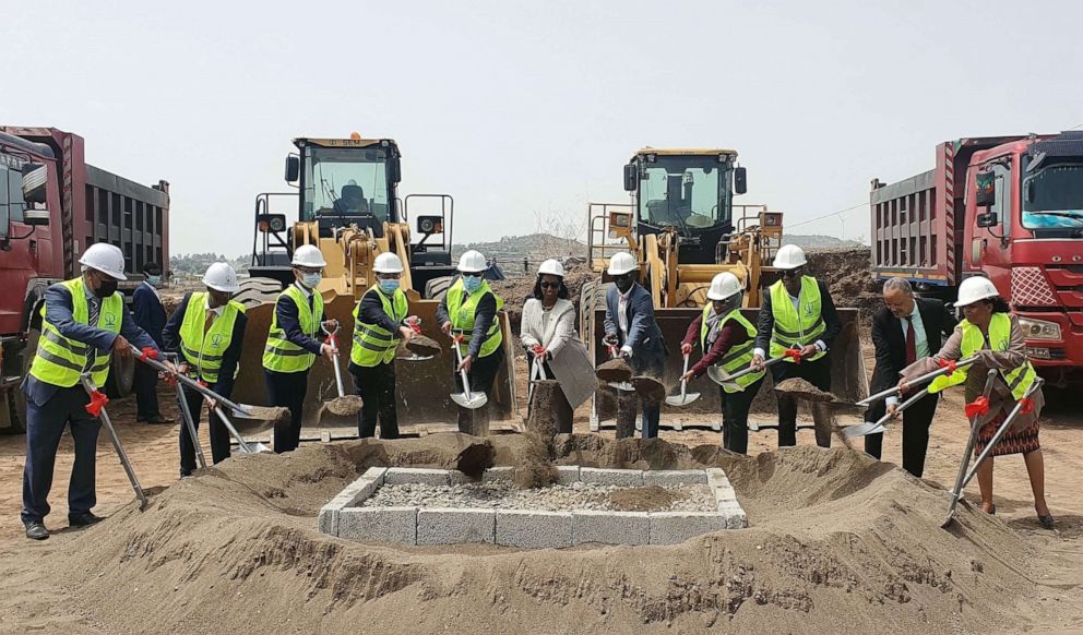 PHOTO: Representatives from the Ethiopian government, World Bank and China Civil Engineering Construction Corporation attend the groundbreaking ceremony of Modjo dry port expansion project in Modjo, Ethiopia, June 17, 2021. 