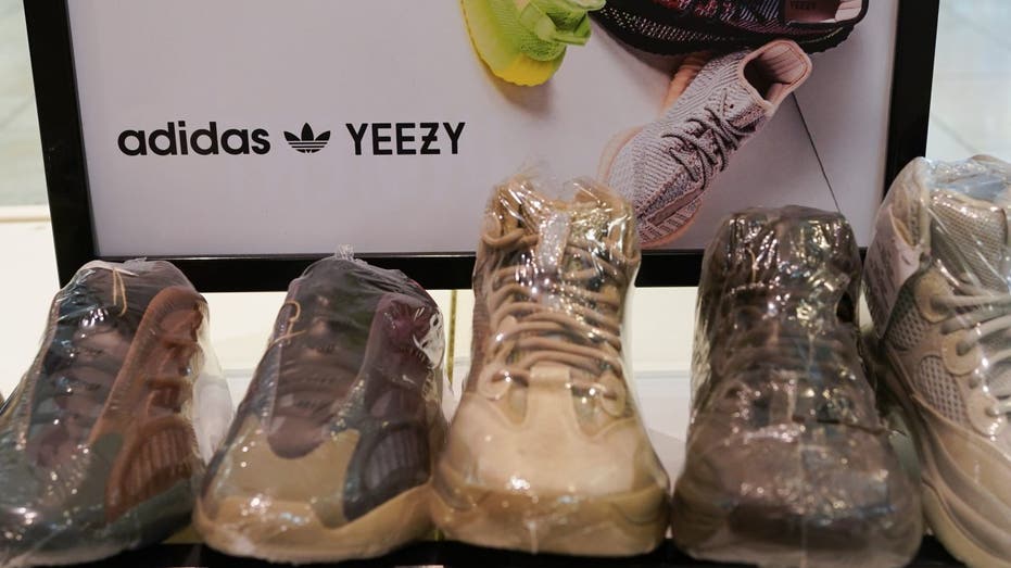 Display of Yeezy x Adidas tennis shoes
