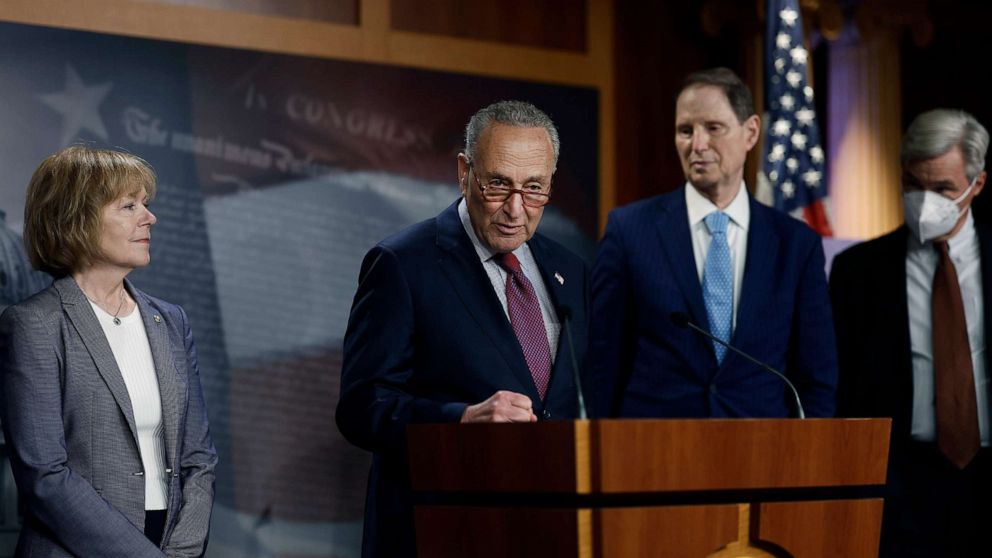 PHOTO: Senate Majority Leader Chuck Schumer speaks during a news conference following the weekly Caucus Meeting with Senate Democrats at the Capitol, Aug. 2, 2022.