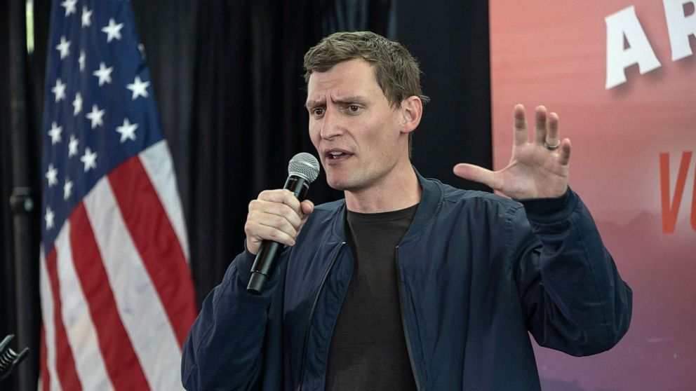 PHOTO: Republican U.S. Senate candidate Blake Masters speaks at a campaign event at the Dream City Church on Nov. 7, 2022, in Phoenix, Ariz.