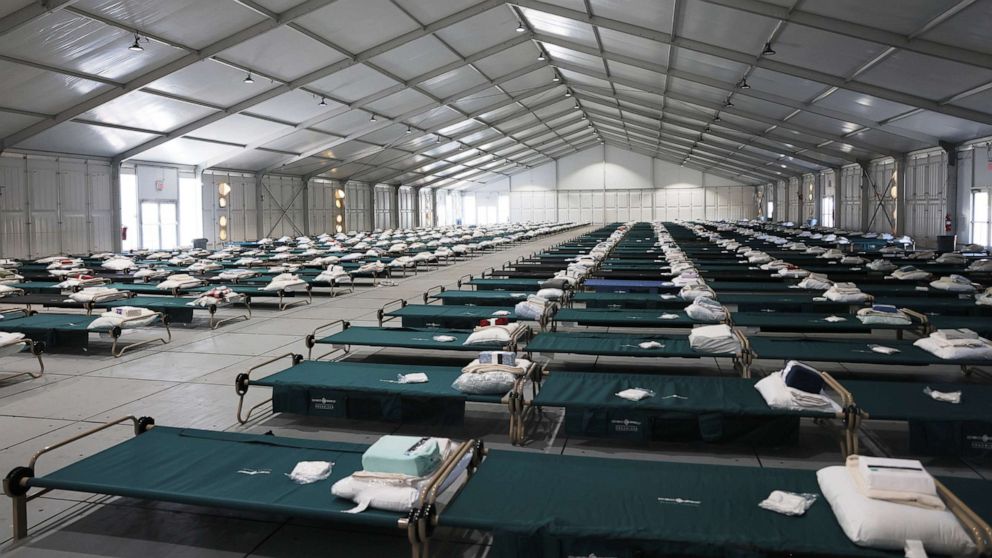 PHOTO: Beds are seen in the dormitory at the Randall's Island Humanitarian Emergency Response and Relief Center, Oct. 18, 2022, in New York City.