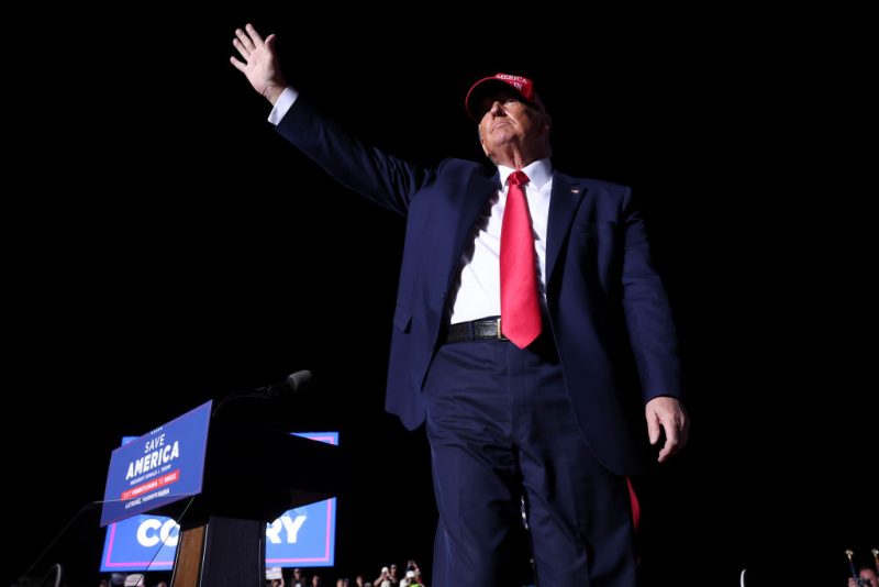 LATROBE, PENNSYLVANIA - NOVEMBER 05: Former U.S. President Donald Trump waves to supporters after speaking at a rally at the Arnold Palmer Regional Airport November 5, 2022 in Latrobe, Pennsylvania. Trump campaigned at the rally for Pennsylvania Republican candidates including Republican Senate candidate Dr. Mehmet Oz and Republican gubernatorial candidate Doug Mastriano ahead of the midterm elections to be held on November 8th. (Photo by Win McNamee/Getty Images)