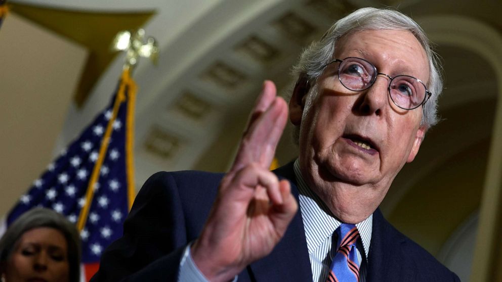 PHOTO: Senate Minority Leader Mitch McConnell speaks during a press conference at the U.S. Capitol on Sept. 28, 2022 in Washington, D.C. 