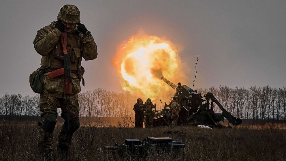 PHOTO: Ukrainian soldiers fire a Pion artillery system at Russian positions near Bakhmut, Donetsk region, Ukraine, Friday, Dec. 16, 2022.