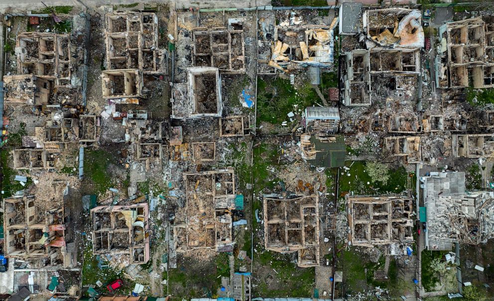 PHOTO: Destroyed houses are photographed in Irpin, on the outskirts of Kyiv, Ukraine, Saturday, April 30, 2022.