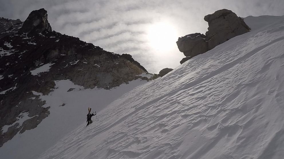 PHOTO: An image of a climber nearing the top of Colchuck Glacier taken on March 22, 2020, near Leavenworth, Washington, in the Pacific Northwest.