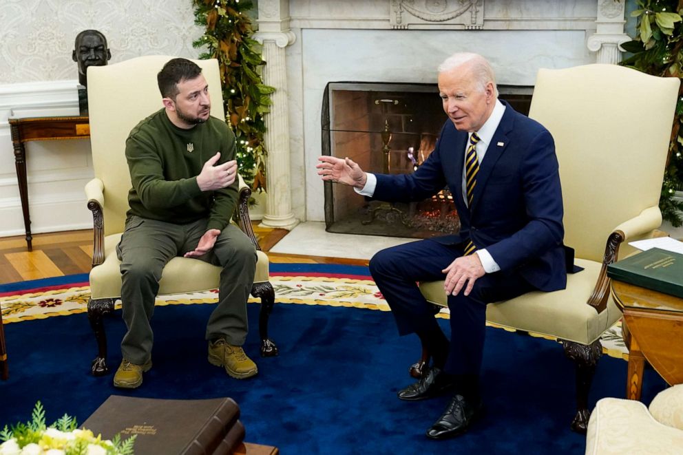 PHOTO: President Joe Biden speaks with Ukrainian President Volodymyr Zelenskyy as they meet in the Oval Office of the White House, Dec. 21, 2022, in Washington.