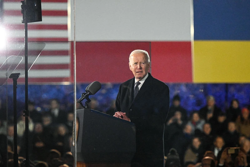  The US President, Joe Biden delivers a speech at the Royal Castle Arcades on February 21, 2023 in Warsaw, Poland. The US President is in Warsaw for his second visit to the country in less than a year. It comes after his surprise trip to Kyiv on February 20 to reinforce US support for Ukraine almost a year after Russia's large-scale invasion. (Photo by Omar Marques/Getty Images)