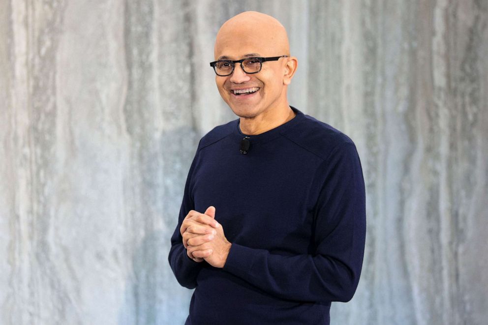 PHOTO: Microsoft CEO Satya Nadella speaks during a keynote address announcing ChatGPT integration for Bing at Microsoft in Redmond, Wash., Feb. 7, 2023.