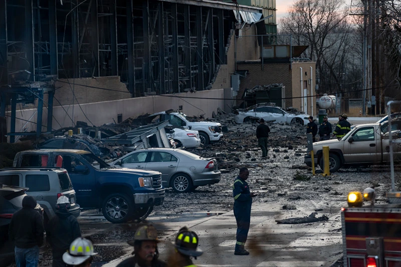 Debris covers the ground and nearby cars after an explosion at the I. Schumann & Co. metals plant, sending 14 people to the hospital on February 20, 2023 in Bedford, Ohio. It still remains unclear what caused the explosion. The explosion occurred just 70 miles north of East Palestine, Ohio, where a train derailed releasing toxic chemicals on February 3rd, 2023. (Photo by Michael Swensen/Getty Images)
