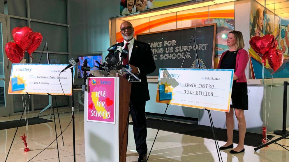 PHOTO: California Lottery Director Alva Johnson announces that Edwin Castro won November's record-high $2.04 billion PowerBall jackpot, Feb. 14, 2023, in Sacramento, Calif.