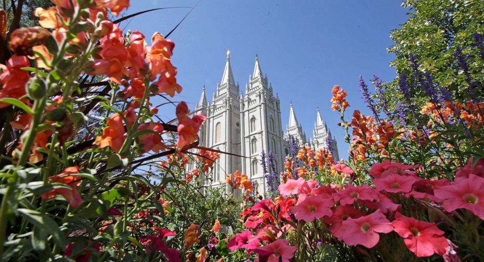 PHOTO: This Aug. 4, 2015 file photo, flowers bloom in front of the Salt Lake Temple, at Temple Square, in Salt Lake City.