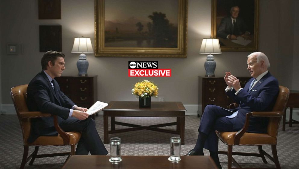 PHOTO: President Joe Biden speaks to ABC News "World News Tonight" anchor David Muir in an exclusive interview on Feb. 24, 2023.