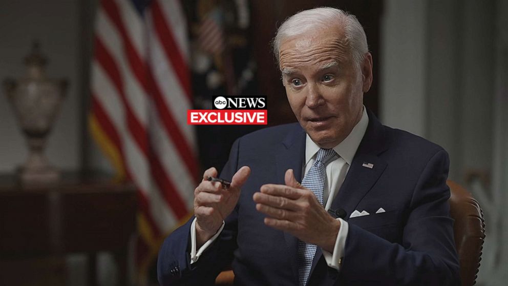 PHOTO: President Joe Biden speaks to ABC News "World News Tonight" anchor David Muir in an exclusive interview on Feb. 24, 2023.