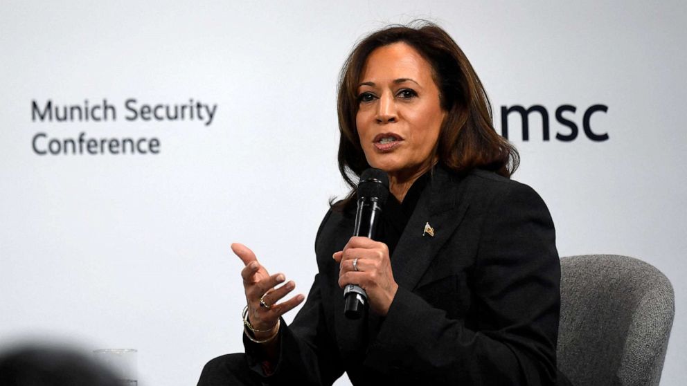 PHOTO: Vice President Kamala Harris speaks at the Munich Security Conference in Munich, southern Germany, on Feb. 18, 2023.