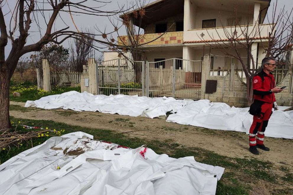 PHOTO: This photo obtained from Italian news agency Ansa, taken on Feb- 26, 2023 shows bags containing the bodies of deceased migrants in Steccato di Cutro, south of Crotone, after their boat sank off Italy's southern Calabria region.