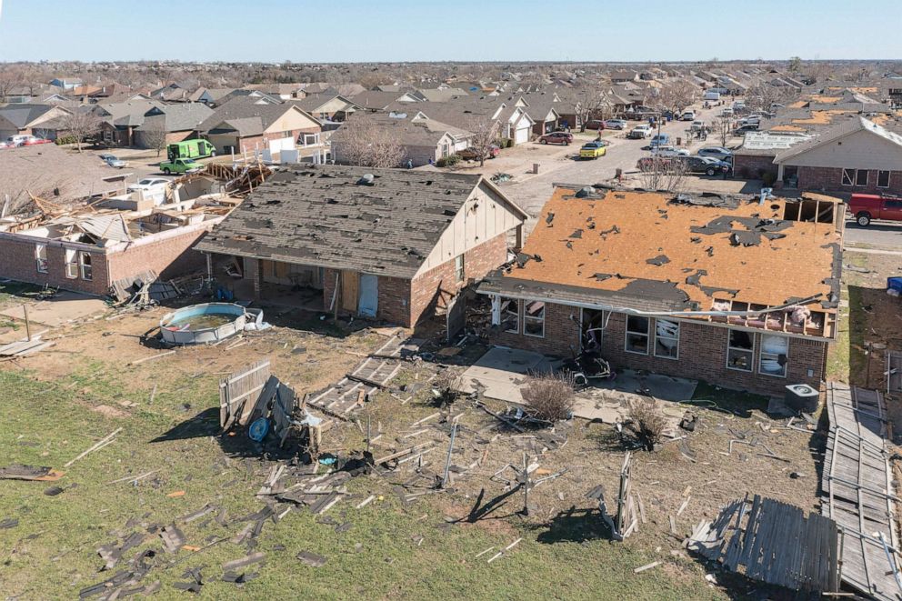 PHOTO: A drone photo of homes damaged along Frost Lane on Feb. 27, 2023 in Norman, Okla.