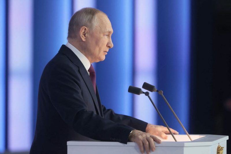 Russian President Vladimir Putin delivers his annual state of the nation address at the Gostiny Dvor conference centre in central Moscow on February 21, 2023. (Photo by Mikhail METZEL / SPUTNIK / AFP) (Photo by MIKHAIL METZEL/SPUTNIK/AFP via Getty Images)