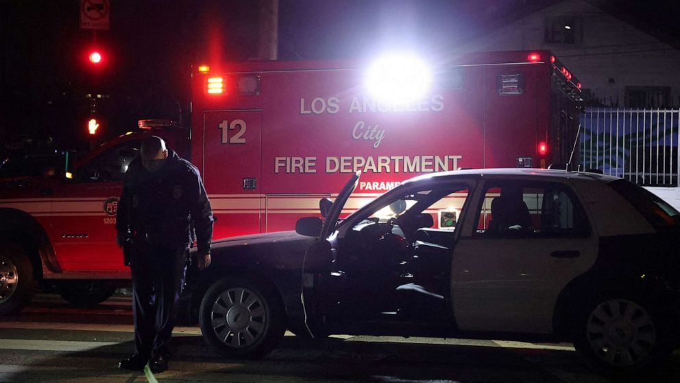 PHOTO: The Lincoln Park neighborhood is cordoned off as police look for a gunman who shot three police officers, in Los Angeles, March 8, 2023.