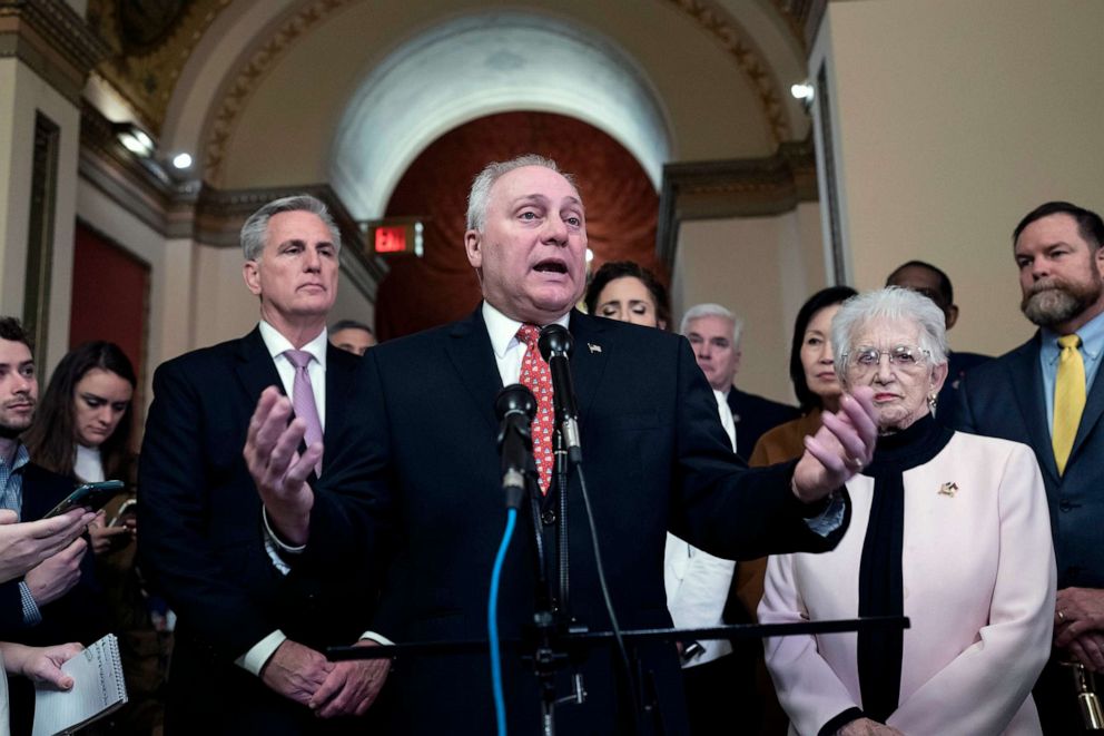 PHOTO: FILE - House Majority Leader Steve Scalise talks to reporters at the Capitol in Washington, March 24, 2023.