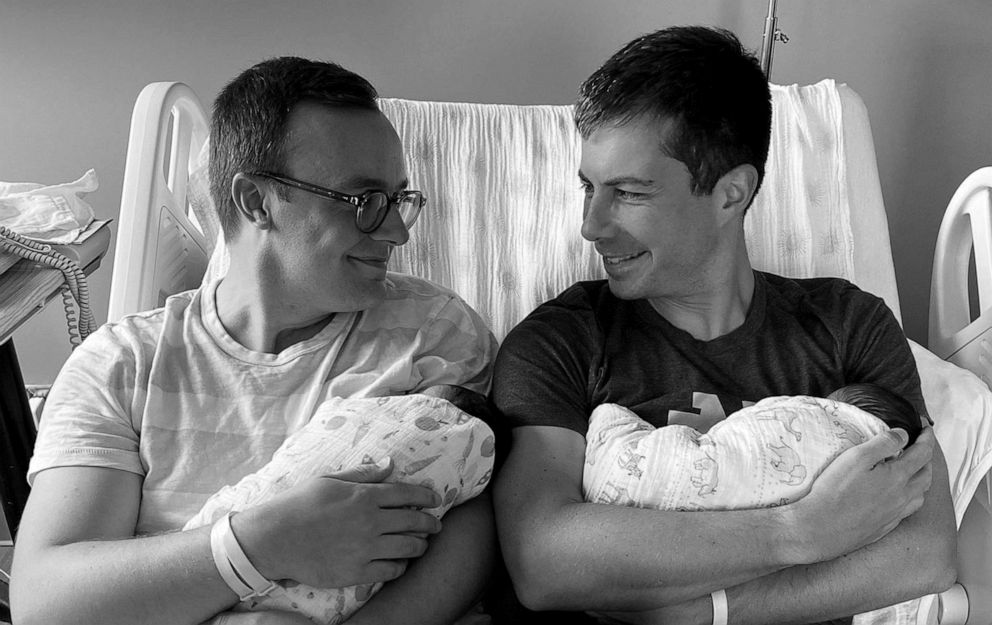 PHOTO: Pete Buttigieg (r) and husband Chasten announced the expansion of their family with the arrivals of babies Penelope Rose and Joseph August via Twitter, Sept. 4, 2021.