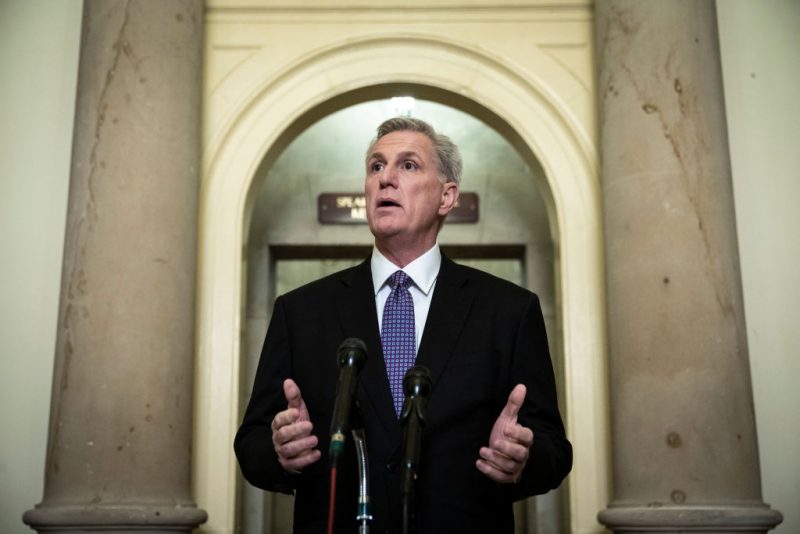 Speaker of the House Kevin McCarthy (R-CA) speaks during a news conference outside of his office at the U.S. Capitol on January 24, 2023 in Washington, DC. McCarthy spoke on a range of issues, including committee assignments and Rep. George Santos (R-NY). (Photo by Drew Angerer/Getty Images)