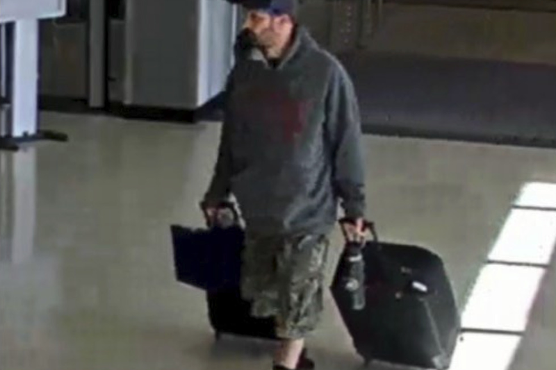 This airport surveillance camera image released in an FBI affidavit shows alleged suspect Marc Muffley at Lehigh Valley International Airport in Allenstown, Pa. on Monday, Feb. 27, 2023. Muffley was arrested Monday after an explosive was found in a bag checked onto a Florida-bound flight, federal authorities said. (FBI via AP)