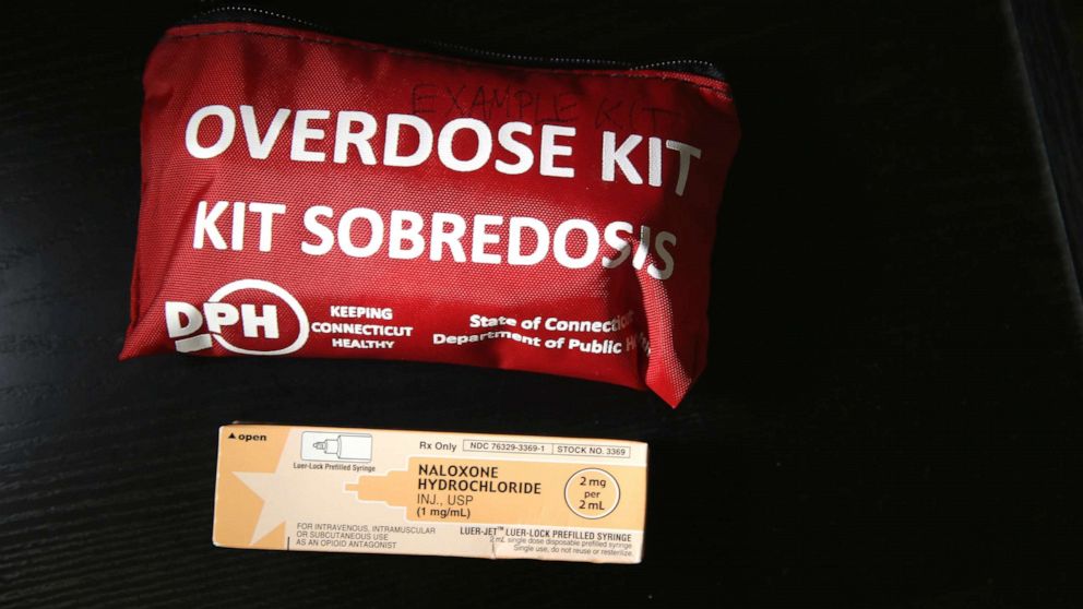 PHOTO: A box of the opioid antidote Naloxone, also known as Narcan, sits on display during a family addiction support group on March 23, 2016 in Groton, Conn.