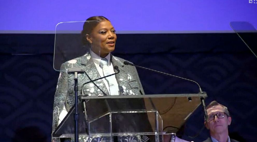 PHOTO: Queen Latifah speaks at the unveiling of Newark's Harriet Tubman monument in Newark, New Jersey, March 9, 2023.