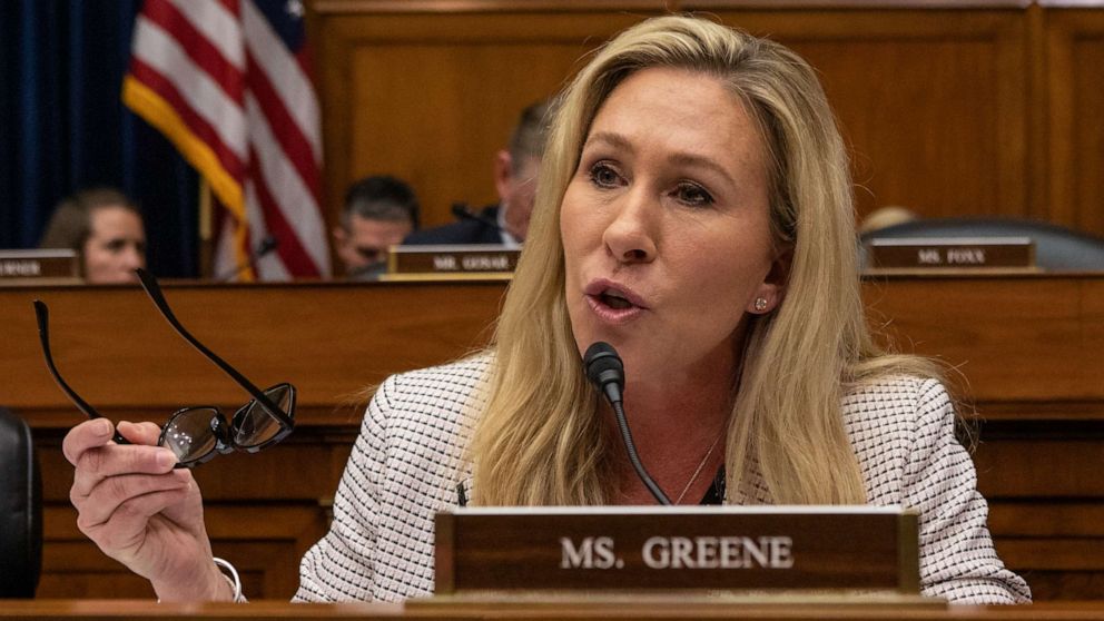 PHOTO: Rep. Marjorie Taylor Green speaks during a House Oversight and Accountability Committee hearing in Washington, Feb. 8, 2023.