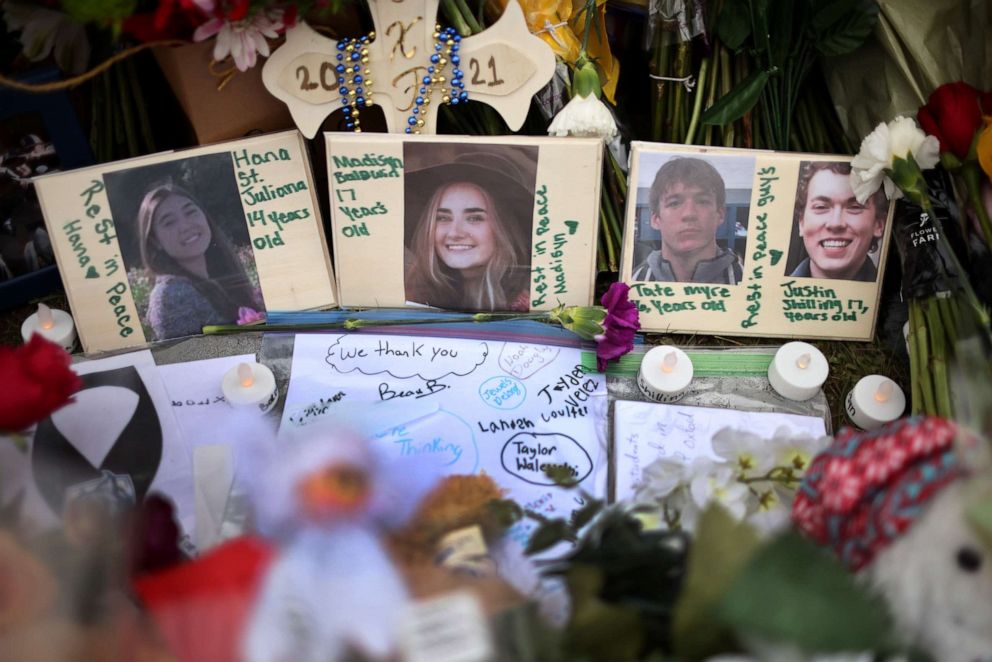 PHOTO: In this Dec. 3, 2021, file photo, a memorial is shown outside of Oxford High School in Oxford, Michigan.