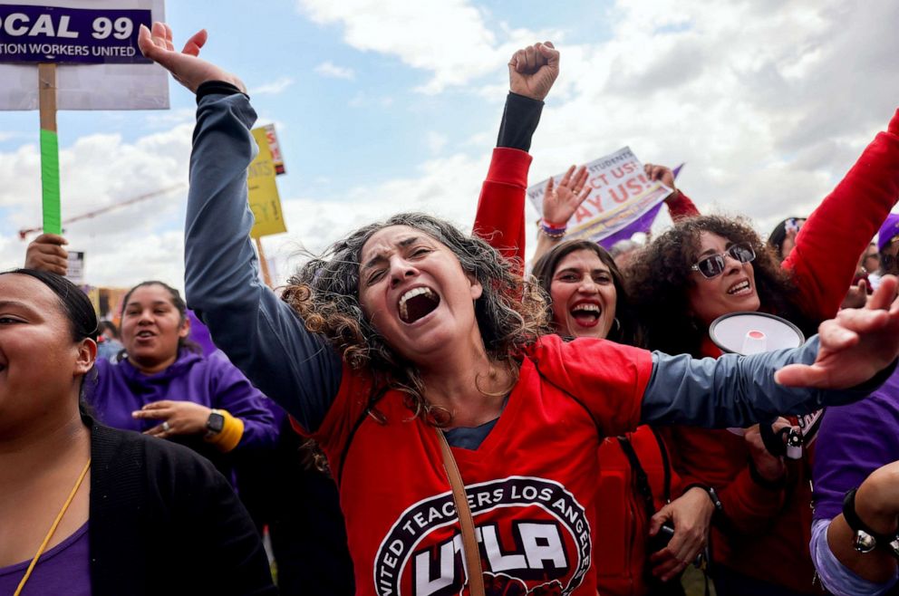 PHOTO: Los Angeles Unified School District (LAUSD) workers and supporters rally in Los Angeles State Historic Park on the last day of a strike over a new contract, March 23, 2023, in Los Angeles.