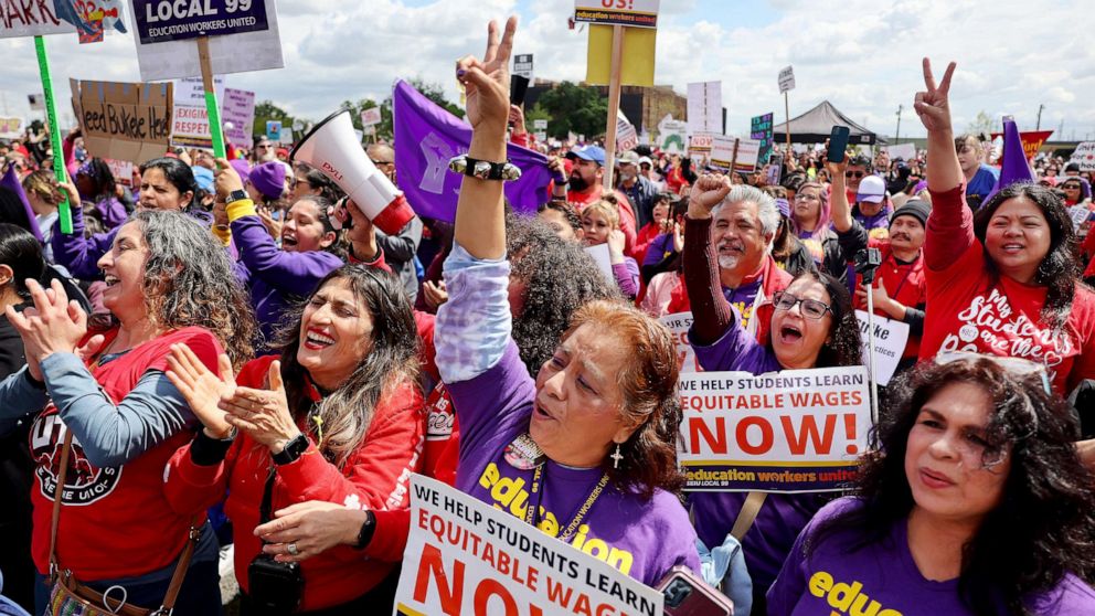 PHOTO: Los Angeles Unified School District (LAUSD) workers and supporters rally in Los Angeles State Historic Park on the last day of a strike over a new contract, March 23, 2023, in Los Angeles.