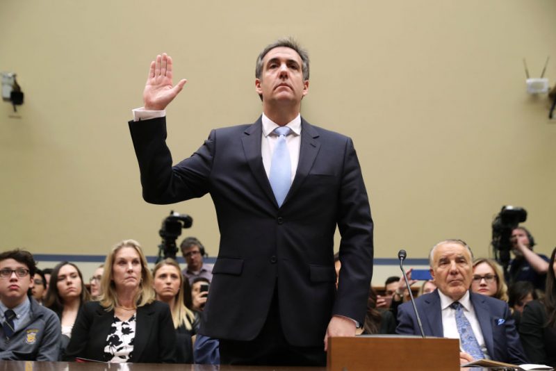 WASHINGTON, DC - FEBRUARY 27: Michael Cohen, former attorney and fixer for President Donald Trump, testifies before the House Oversight Committee on Capitol Hill February 27, 2019 in Washington, DC. Last year Cohen was sentenced to three years in prison and ordered to pay a $50,000 fine for tax evasion, making false statements to a financial institution, unlawful excessive campaign contributions and lying to Congress as part of special counsel Robert Mueller's investigation into Russian meddling in the 2016 presidential elections. (Photo by Chip Somodevilla/Getty Images)