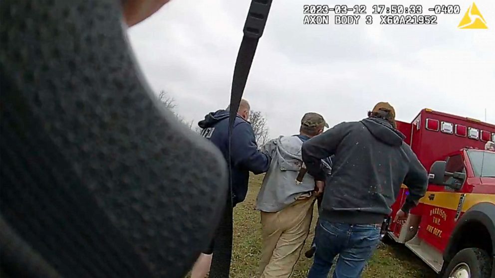 PHOTO: A screengrab from a police bodycam footage shows police in Ohio rescue a man who was allegedly attached by an aggressive zebra on March 12, 2023.