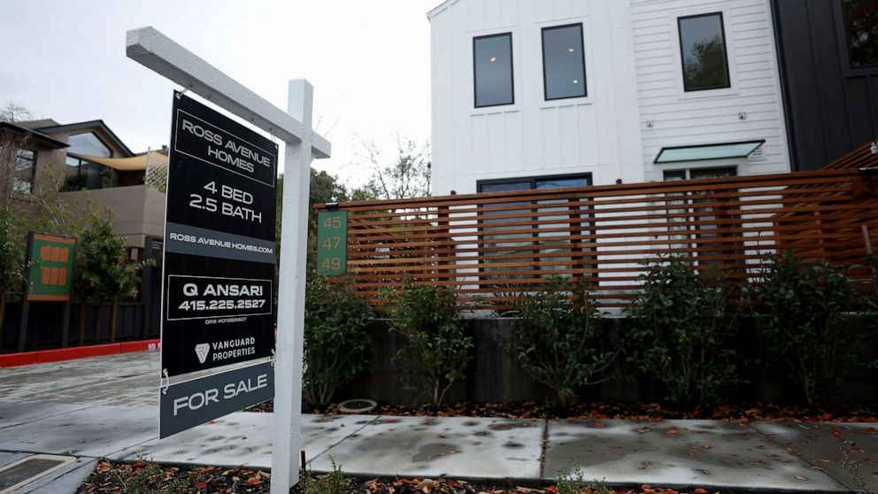 PHOTO: A for sale sign is posted in front of a home on March 22, 2023 in San Anselmo, California.