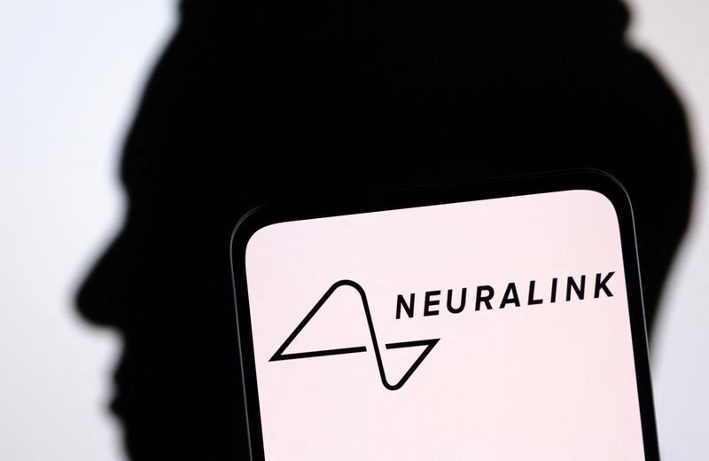 FILE PHOTO: Illustration shows Neuralink logo and Elon Musk silluete