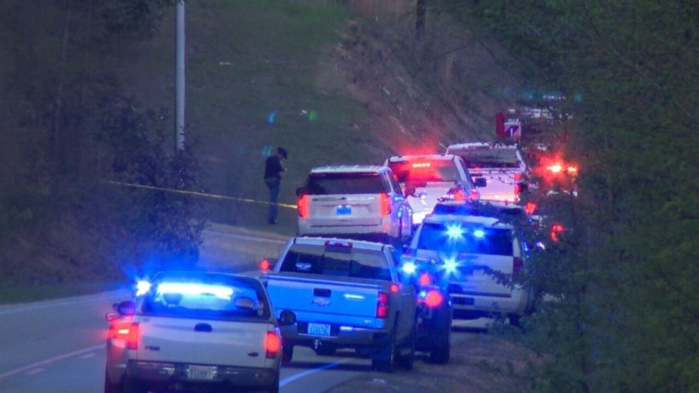 PHOTO: Emergency vehicles respond near the scene of a helicopter crash in Shelby County, Alabama, on Sunday, April 2, 2023.
