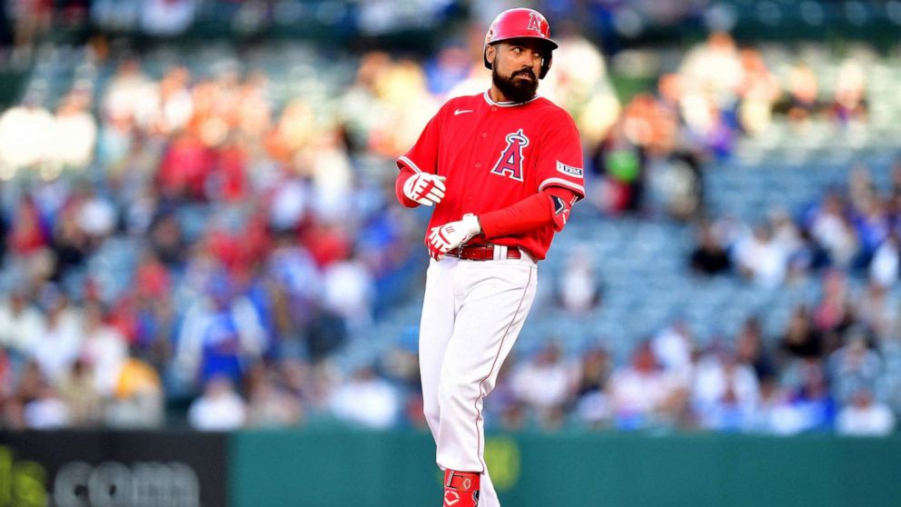 PHOTO: Los Angeles Angels third baseman Anthony Rendon reaches second on an RBI double against the Los Angeles Dodgers during the first inning at Angel Stadium in Anaheim, Calif., on March 28, 2023.