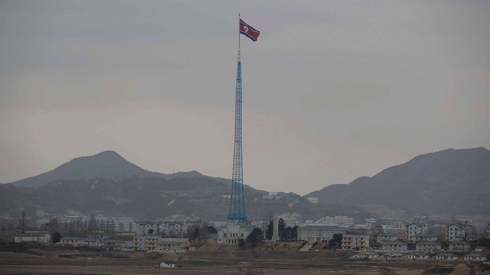 PHOTO: North Korean propaganda village "Gijungdong" is seen from an South Korea's observation post inside the JSA during a media tour at the Joint Security Area (JSA) on the Demilitarized Zone (DMZ) in Paju, South Korea, March 3, 2023.