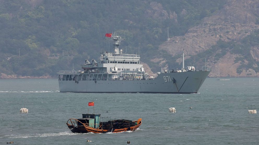 PHOTO: A Chinese warship sails during a military drill near Fuzhou, Fujian Province, near the Taiwan-controlled Matsu Islands that are close to the Chinese coast, China, April 8, 2023.