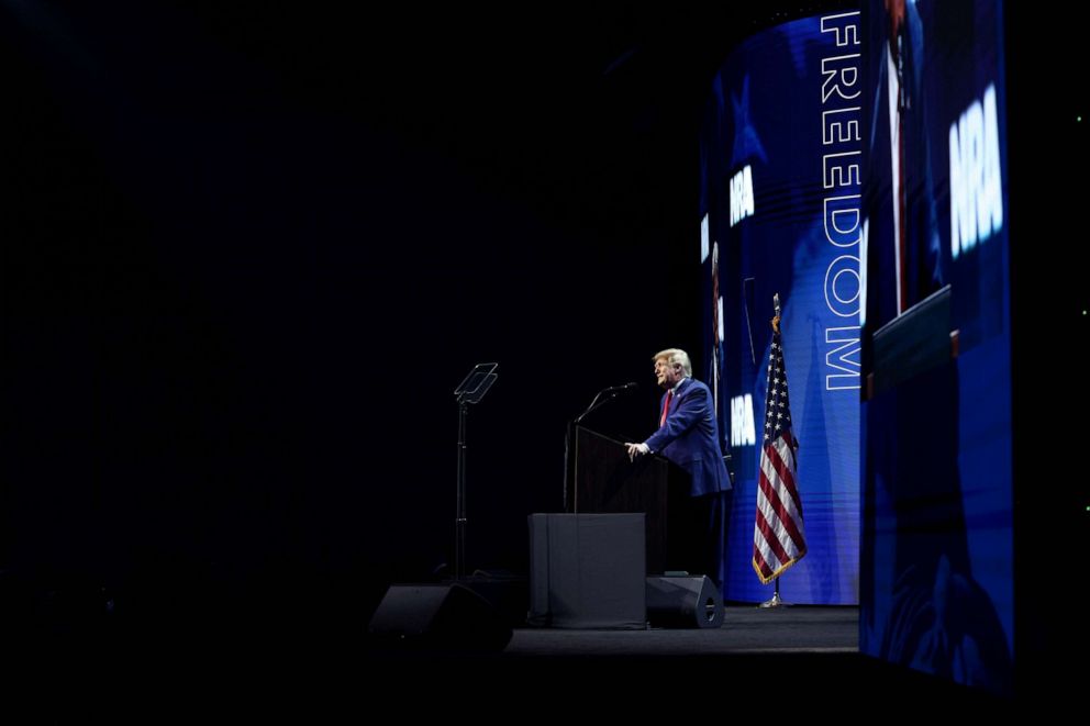 PHOTO: Former President Donald Trump speaks to guests at the 2023 NRA-ILA Leadership Forum on April 14, 2023 in Indianapolis, Indiana.