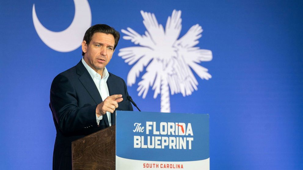 PHOTO: Florida Gov. Ron DeSantis speaks to a crowd at the North Charleston Coliseum on April 19, 2023 in North Charleston, South Carolina.