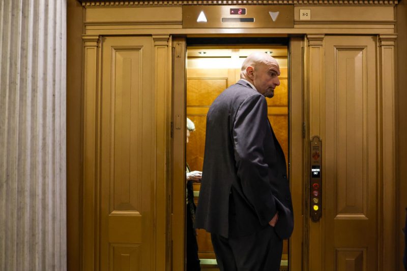 Sen. John Fetterman (D-PA) departs from the Senate Chambers during a series of the votes at the U.S. Capitol Building on February 13, 2023 in Washington, DC. Officials announced over the weekend that for the fourth time in two weeks U.S. forces had shot down a high flying object in North American airspace. (Photo by Anna Moneymaker/Getty Images)