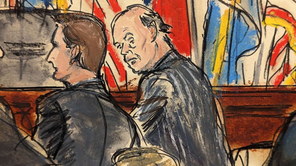 PHOTO: This artist sketch depicts Dominion Voting Systems attorney Justin Nelson, left, conferring with Fox News attorney Daniel Webb, as the lawyers waited in Delaware Superior Court Tuesday afternoon, April 18, 2023, in Wilmington, Del.